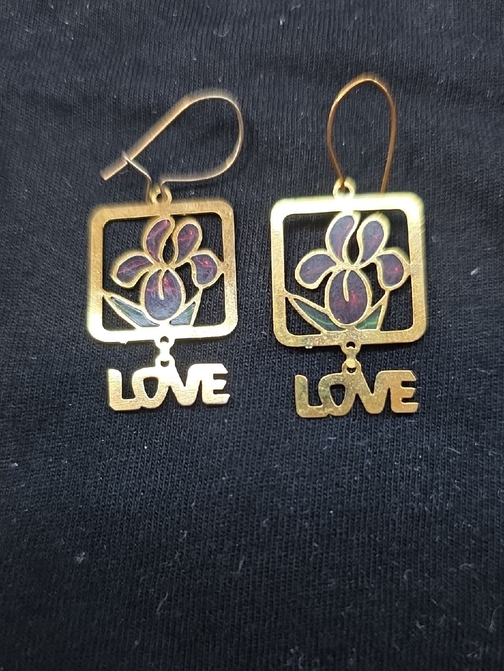 Vintage Gold Floral 'LOVE' Drop Earrings with Purple & Green Enamel -Jewelry